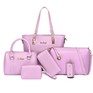Pale purple 6-piece women's handbag set including tote and crossbody bags in PU leather