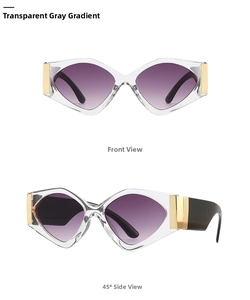 Detailed front and side views of modern grey geometric sunglasses with gold accents