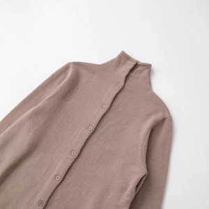Women high-neck long-sleeve knit cardigan in warm cocoa with textured buttons