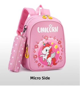 Pink unicorn kids backpack with matching pencil case featuring rainbow cartoon prints