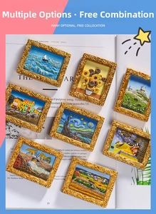 Detailed close-up of 3D resin fridge magnets featuring Van Gogh art in vintage gold frames