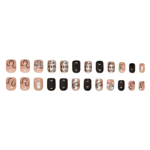 Short punk press-on nails set with letters, 3D cross charms, and star gems in pink and black