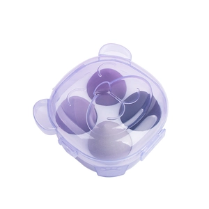 Set of 4 purple makeup sponges in a cute bear-shaped transparent storage case