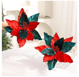 Detail of red and green velvet Christmas poinsettia with glitter petals in a wire basket