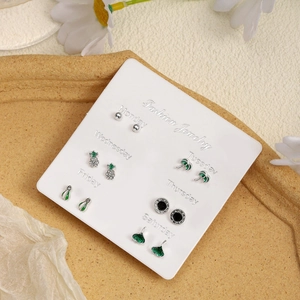 Set of 6 pairs minimalist silver alloy stud earrings with green enamel on a white card