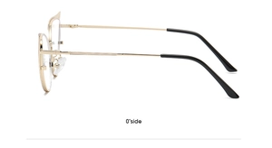 Detailed side view of golden metal cat eye frame with black temple tips and cutout design