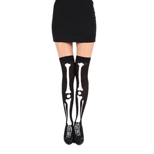 Detail view of black over-knee socks featuring a realistic white skeletal bone print design
