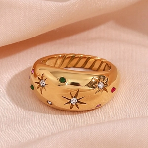 Detail of 18K gold plated ring featuring colorful zircons and starburst pattern on silk