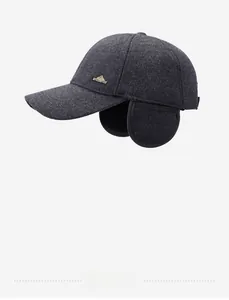 Detail view of winter baseball cap with ear flaps and Sport logo in grey wool