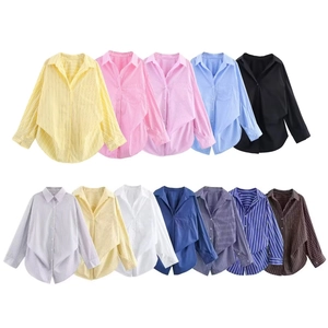 Women Long Sleeve Shirt Blouse Polyester Lapel Button Down Chest Pocket Irregular Asymmetric Hem Striped Solid Loose Top