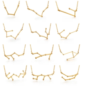 Collage of twelve gold-plated zodiac necklaces with constellation charms and zircons