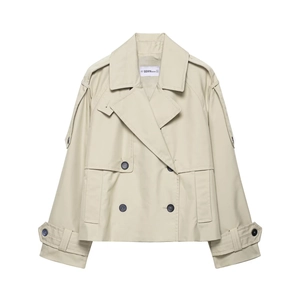 Short khaki water-resistant trench coat for women with classic lapels and double-breasted buttons