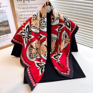 Elegant 90cm red silk scarf with abstract floral print and wavy edge for women