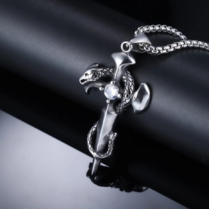 Punk style stainless steel snake wrapped cross pendant with a white zircon on pearl chain