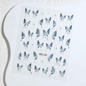 Pegatina para uñas mariposa azul holográfica MO-251 con relieve y parte adhesiva
