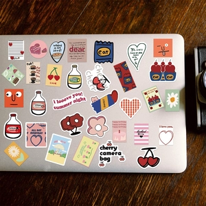 Minimalist cute graffiti stickers for laptop and phone showing various food and text motifs