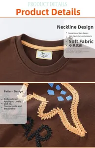 Detail of crew neck collar and embroidered dinosaur patch on brown cotton kids sweater