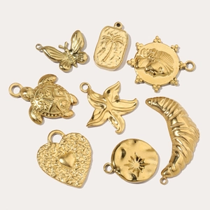 Polished gold stainless steel charms set with butterfly, heart, and palm tree designs