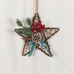 Star-shaped Christmas wreath with roses, pine needles, berries, and Merry Christmas ribbon