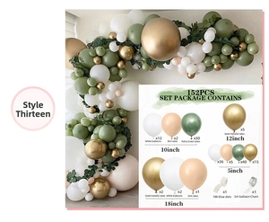 Detailed 152pcs balloon arch kit components in retro green, gold, and white colors