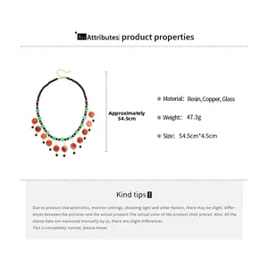 Ethnic beaded necklace detail showing resin glass beads and precise product dimensions