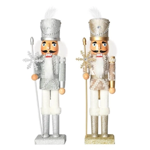 38cm wooden Christmas nutcracker kings in gold and silver sequins with feather hats