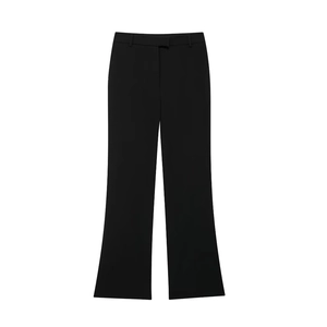 Detail shot of black high-waisted flared suit trousers showing smooth fabric texture