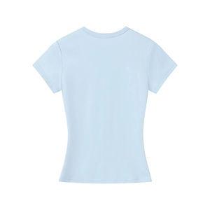 Rear view of light blue slim fit sports T-shirt with round neck and premium fabric texture
