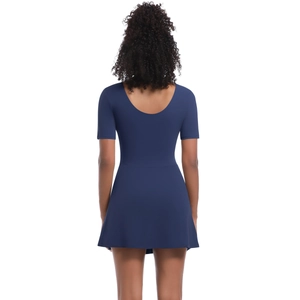 U-shaped open back detail of slim fit navy blue short-sleeved tennis dress for sports