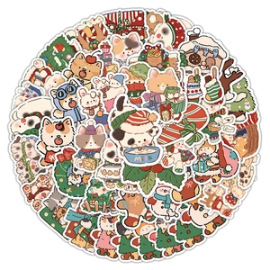53-piece Christmas cartoon stickers featuring festive pets and gingerbread men for decor