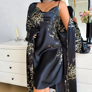Plus size two-piece black satin sleepwear set with floral print robe and slip dress
