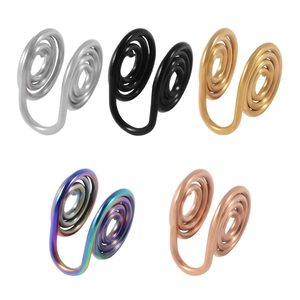 Detail view of spiral non-piercing ear cuffs in five metallic finishes and colors