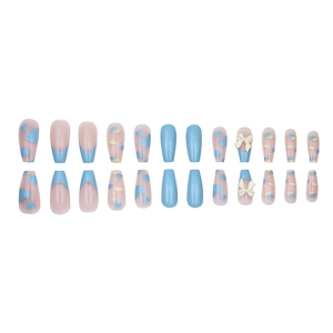 Blue heart and cloud press-on nails with white 3D bows and 24-piece coffin shape
