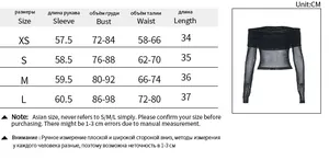 Detailed size chart for mesh off-shoulder top showing sleeve, bust, and waist measurements