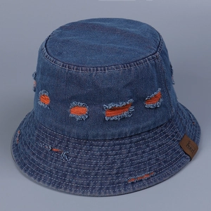 Distressed Denim Bucket Hat Colorful Stitching Frayed Holes Leather Patch Retro Streetwear Outdoor Sun Shade For Men Women