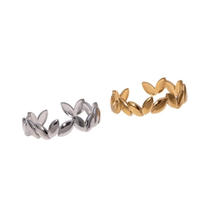 Minimalist adjustable leaf ring in gold and silver finish on white background