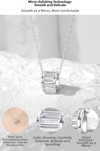 Macro detail of silver necklace with square cubic zirconia pendant and polished finish