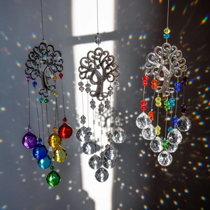 Three Tree of Life suncatchers casting vibrant rainbow light reflections on a white wall