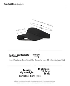Detail specifications of a black 55g foldable sun visor with 9cm brim and adjustable size
