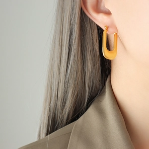 Boucles D'oreilles Créoles En Forme De U Plaquées Or 18K Acier Titane Texture Nervurée Verticale Bijoux Hip Hop