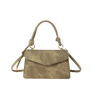 Borsa a tracolla vintage in tela marrone con patta a busta e manico annodato