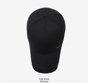 Top view of a black cotton twill baseball cap with metallic logo and stitched details