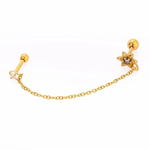 Detail of 316L gold double piercing earring with cubic zirconia and chain link