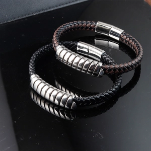 Men's retro braided leather bracelets with polished stainless steel magnetic clasps