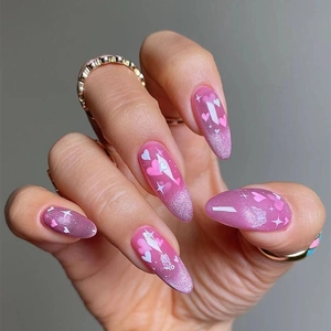 Sweet Valentine Pink Cat Eye Press On Nails Romantic Almond Shape Heart Star Butterfly Pattern Soft Gel Fake Nails With Glue Kit