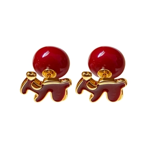 18K gold-plated earrings with red pearls and abstract animal charm on white background