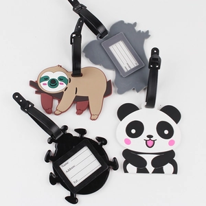 Cute cartoon silicone luggage tags with panda and sloth designs in vibrant colors