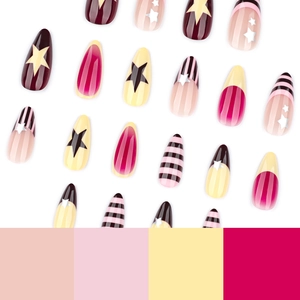 Colorful almond press-on nails set with star patterns and stripes on white background