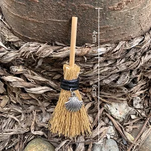 Mini witch broom car ornament handmade with wood, straw, and shell charm, total 10cm long