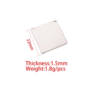 Polished 22mm square stainless steel pendant with 1.5mm thickness and pre-drilled hole